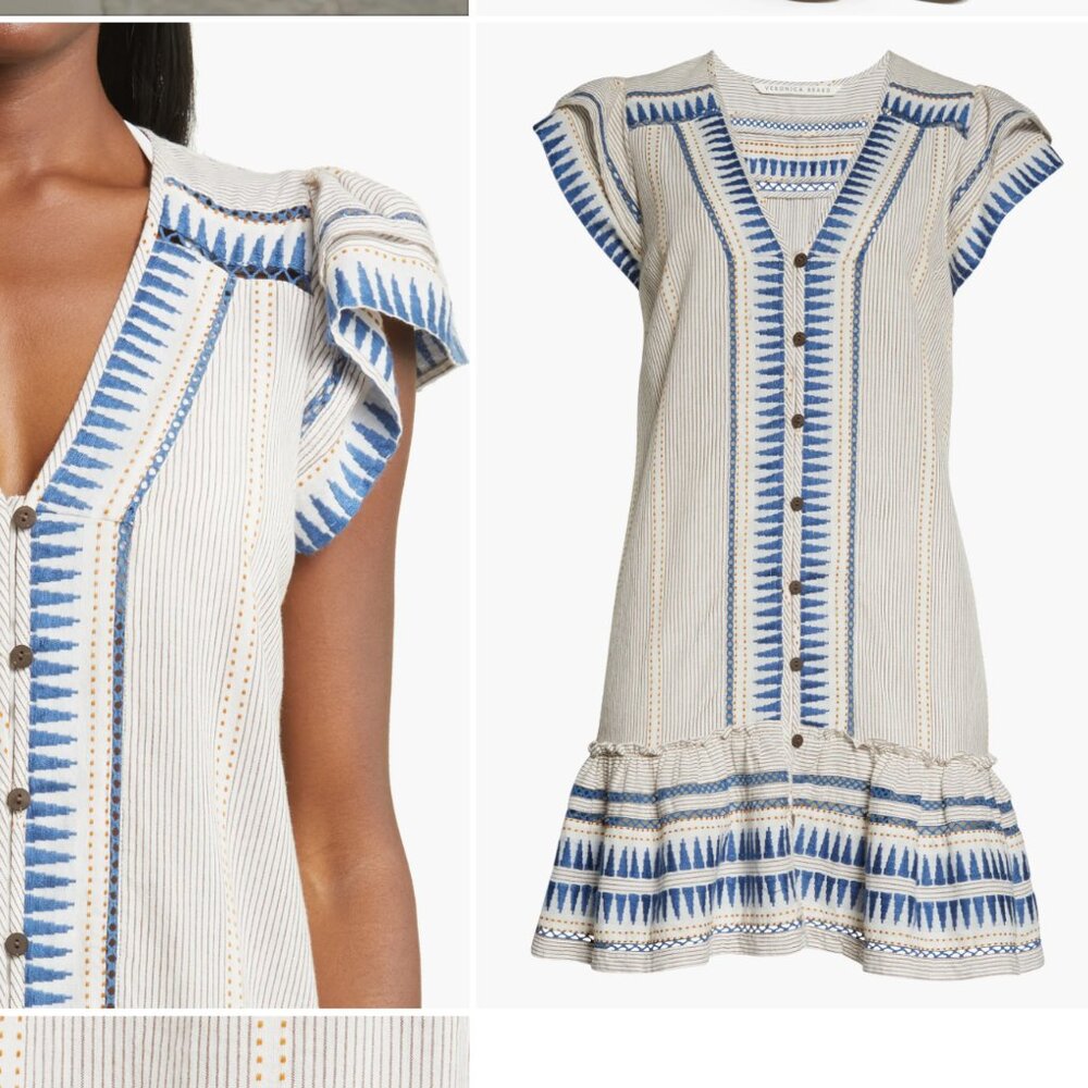 Veronica Beard Cream and Blue Button-Front Embroidered Mini Dress